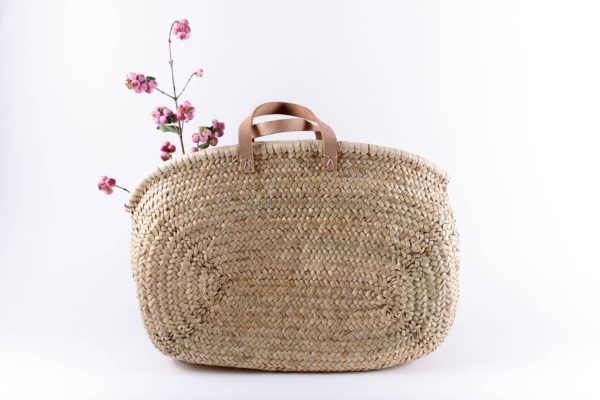 Panier ovale en fibre naturelle et cuir taille L