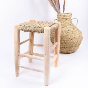 Tabouret haut marocain en fibre tressée et bois naturel