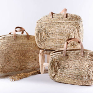 Panier ovale en fibre naturelle et cuir