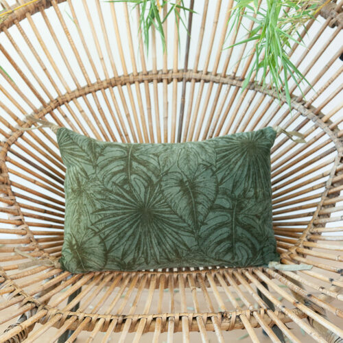 coussin 25x35 cm en velours de coton motifs tropicaux céladon