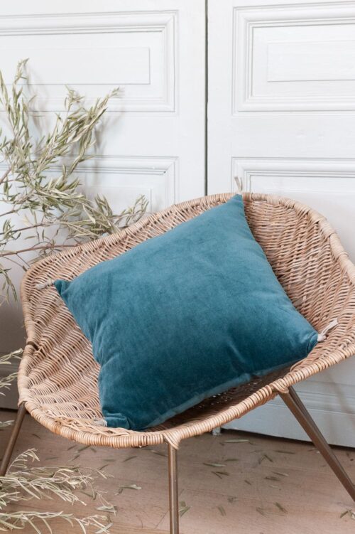 coussin en velours de coton 45x45cm bleu